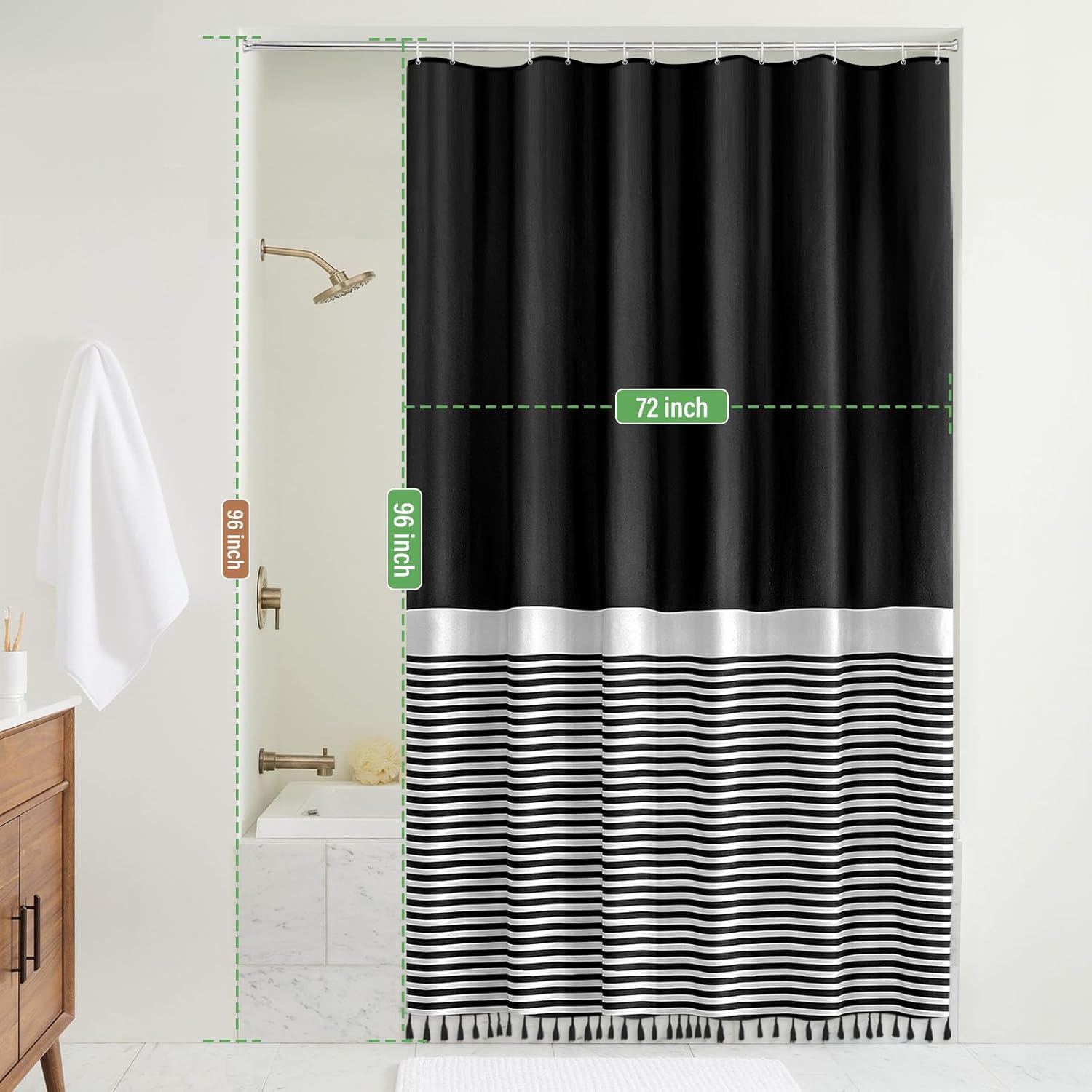 Seasonwood Extra Long Shower Curtains 96 inches Modern Farmhouse Boho Shower Curtains for The Bathroom Waterproof Cloth Black and White Striped Shower Curtain Set